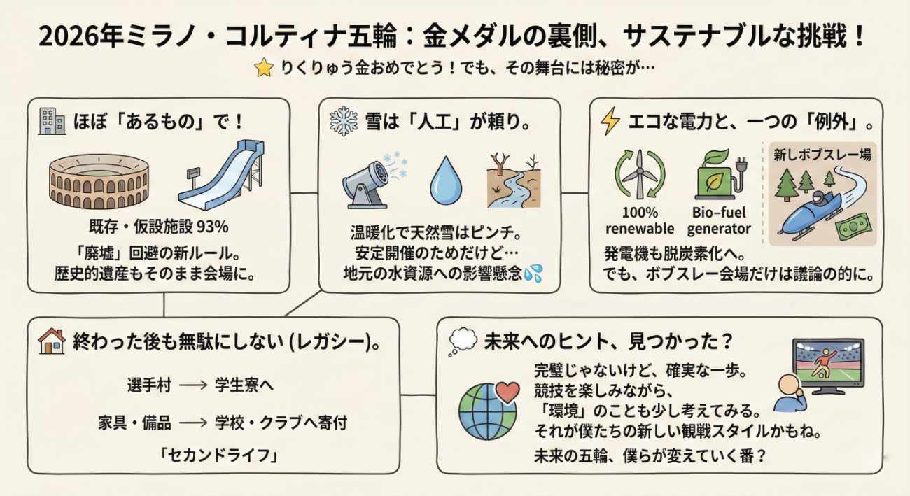 ミラノ・コルティナ五輪は本当に「史上最もエコ」?既存会場93%の挑戦と、人工雪・ボブスレー新設の矛盾