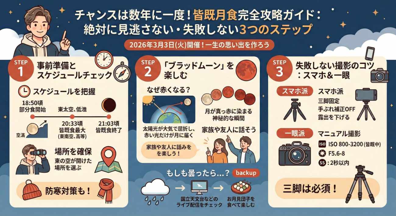【2026年3月3日】皆既月食は何時から?方角・見える時間・スマホで失敗しない撮り方まで完全ガイド