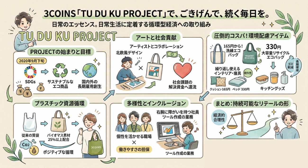 3COINSのサステナビリティとは?TU DU KU PROJECTとエコな暮らしをわかりやすく解説