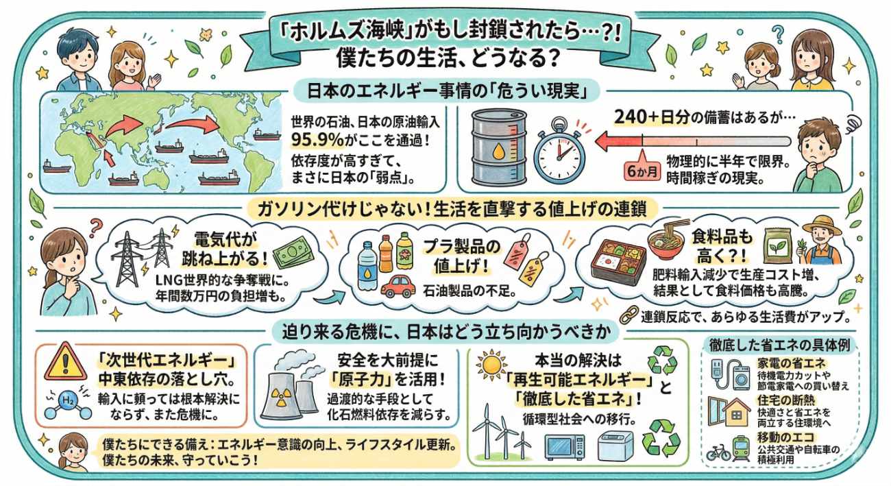 ホルムズ海峡封鎖で日本はどうなる?ガソリン・電気代・食料への影響をわかりやすく解説