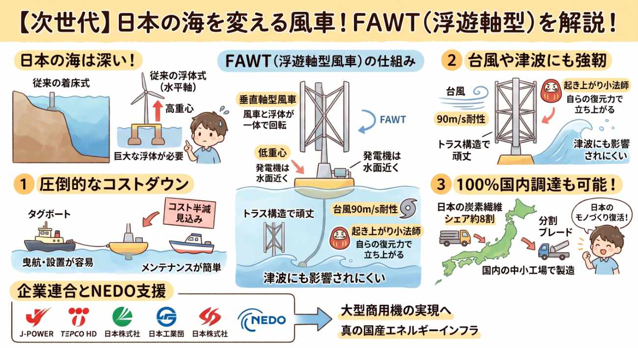 FAWTとは?日本の深い海を変える次世代洋上風力発電|浮遊軸型風車の仕組みと可能性