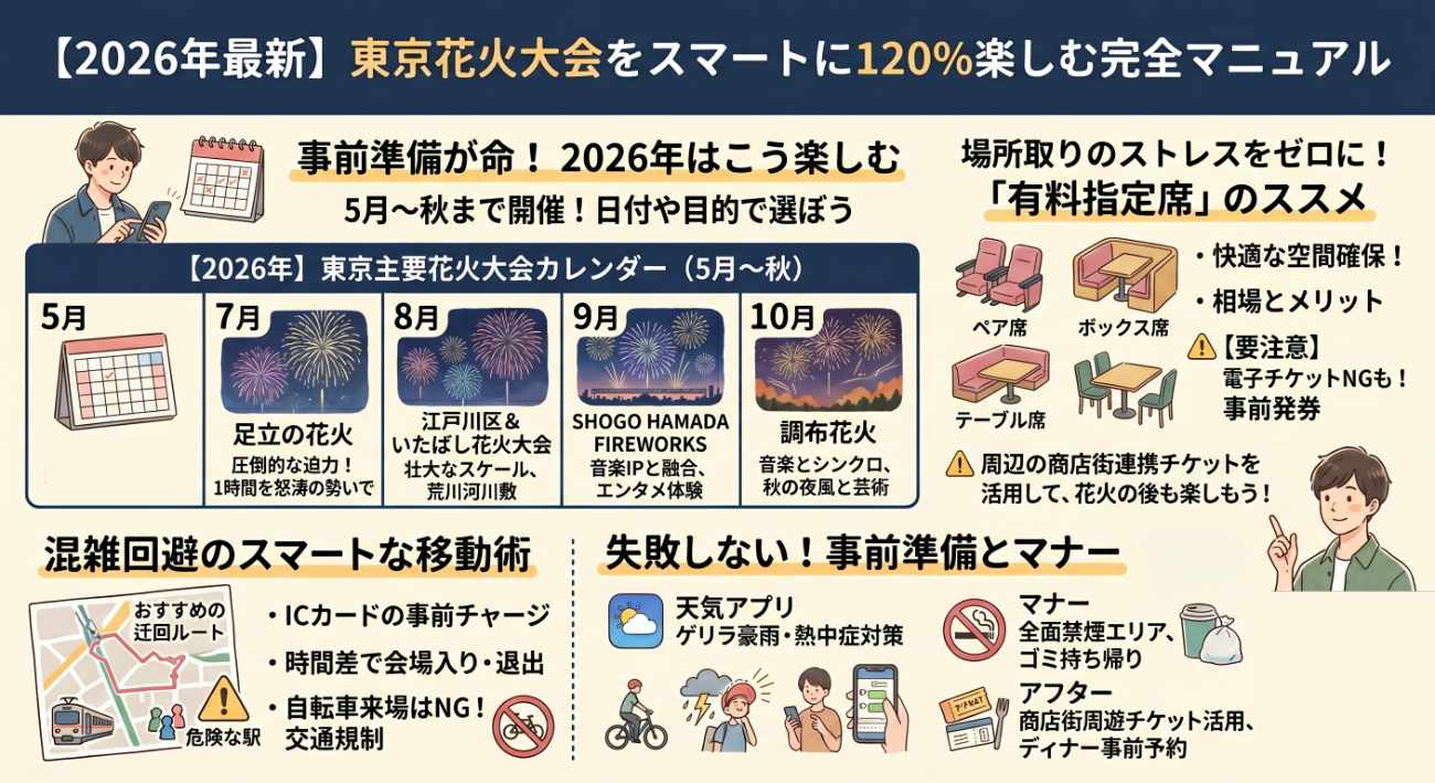 【2026年版】東京の花火大会日程まとめ｜有料席・混雑回避・持ち物まで完全ガイド