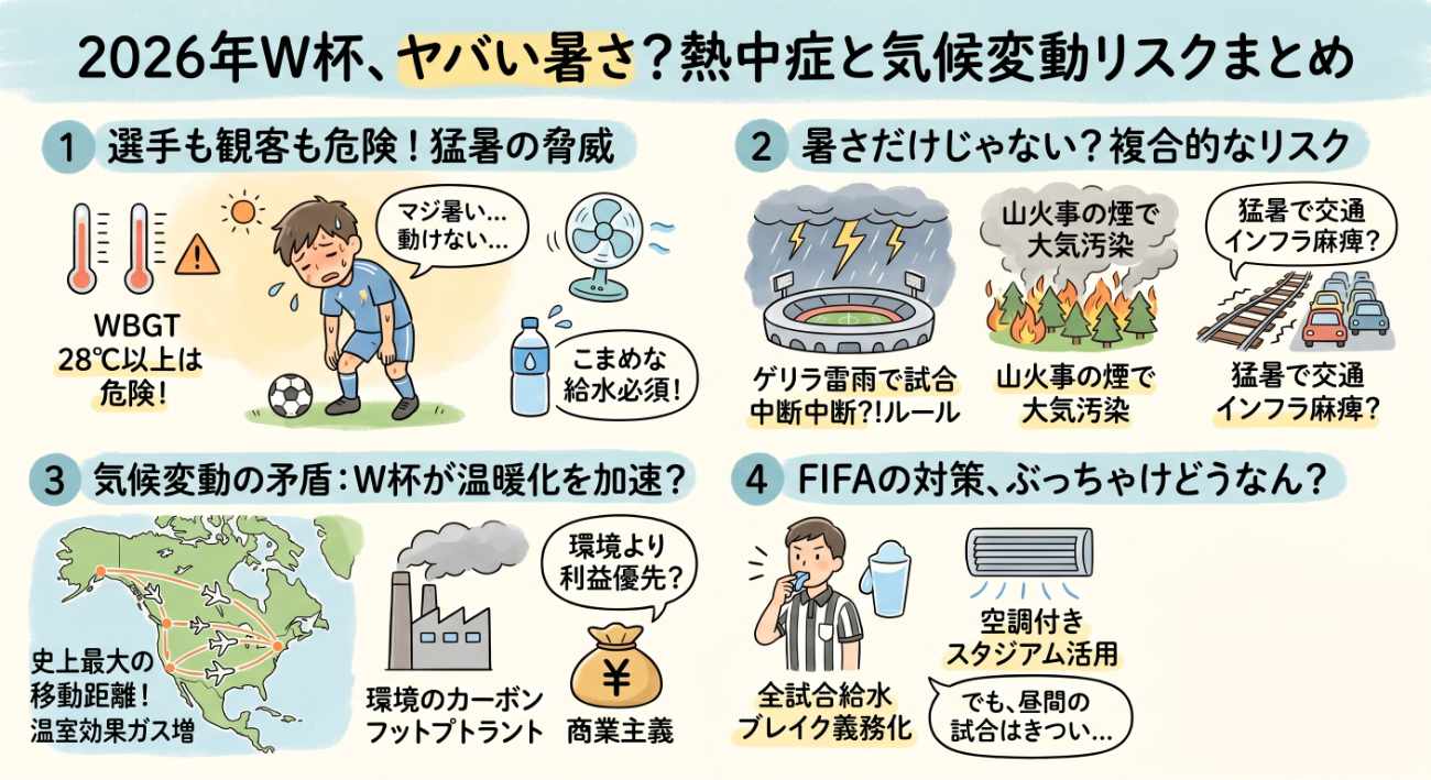 2026年ワールドカップは猛暑が最大の敵?気候変動で高まる熱中症リスクと新ルールを解説