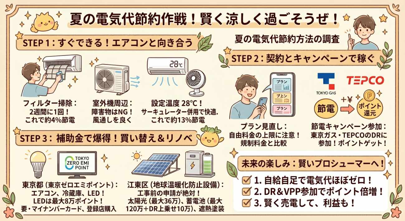 夏の電気代を下げる方法｜エアコン・冷蔵庫の節約術と使える補助金まとめ