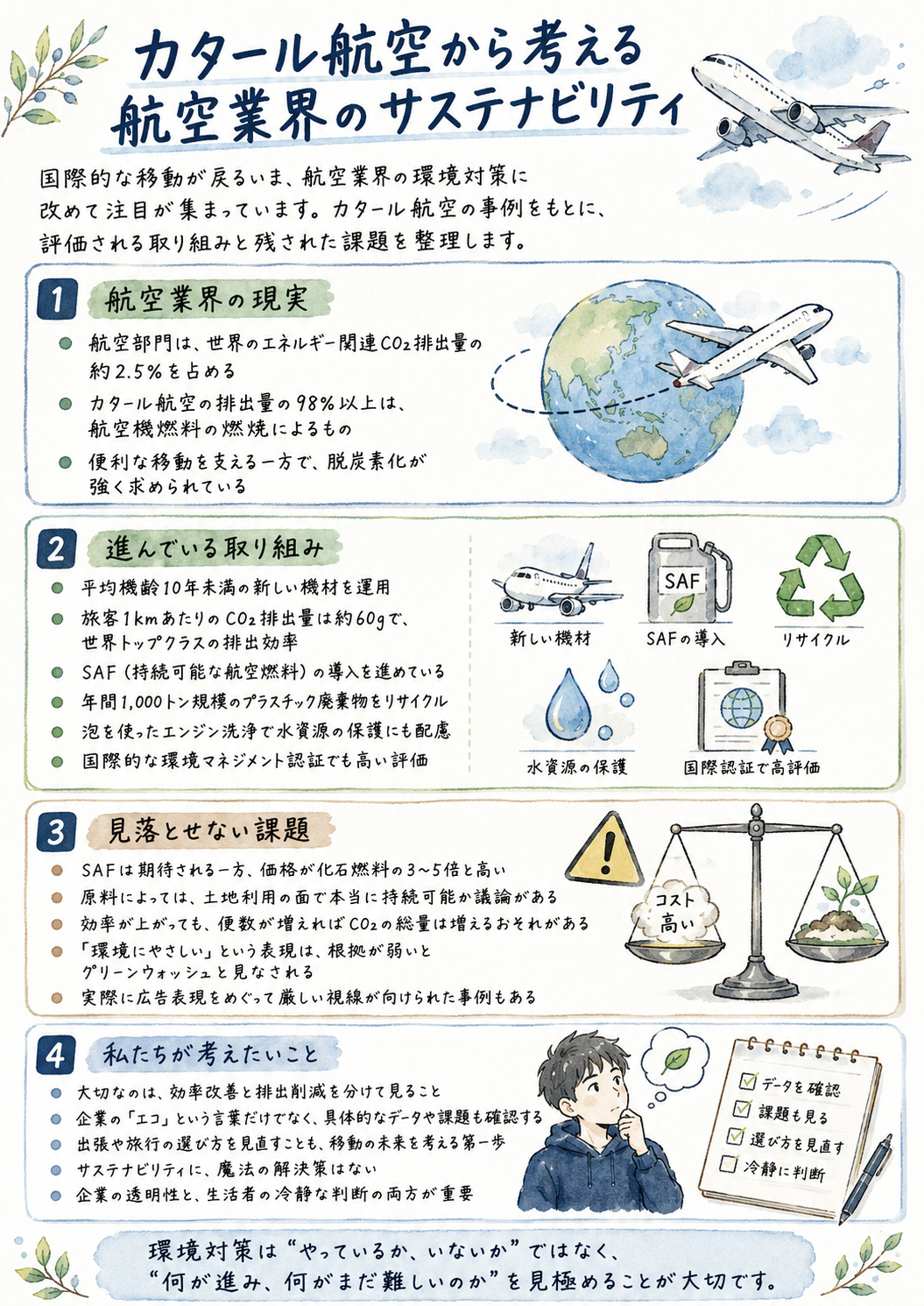 カタール航空のサステナビリティ戦略とは？SAF・CO2削減・グリーンウォッシュ問題をわかりやすく解説
