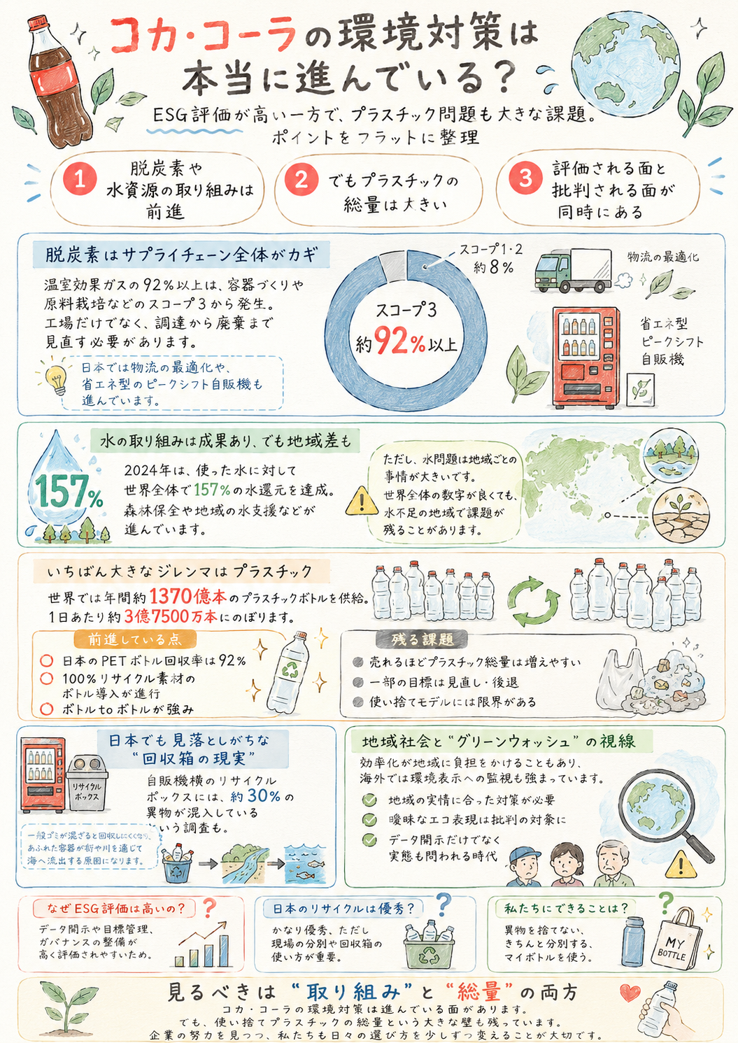 コカ・コーラの環境対策は本当に進んでいる?ESG評価とプラスチック問題のジレンマ