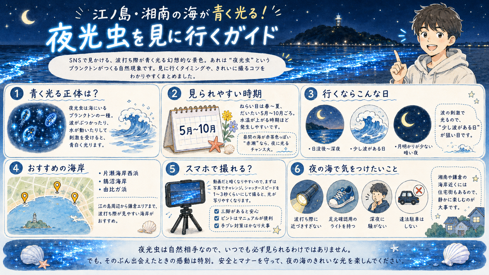 江ノ島・湘南の夜光虫はいつ見られる？赤潮のサイン・撮影方法・安全な見方を解説